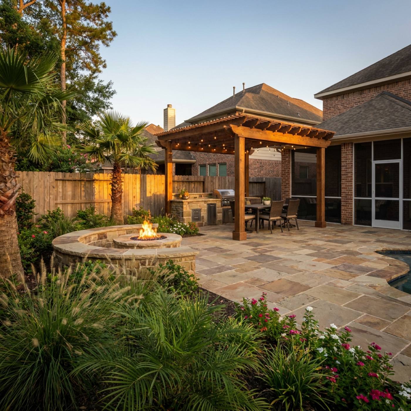 The same backyard after a full outdoor living build by Live Oak