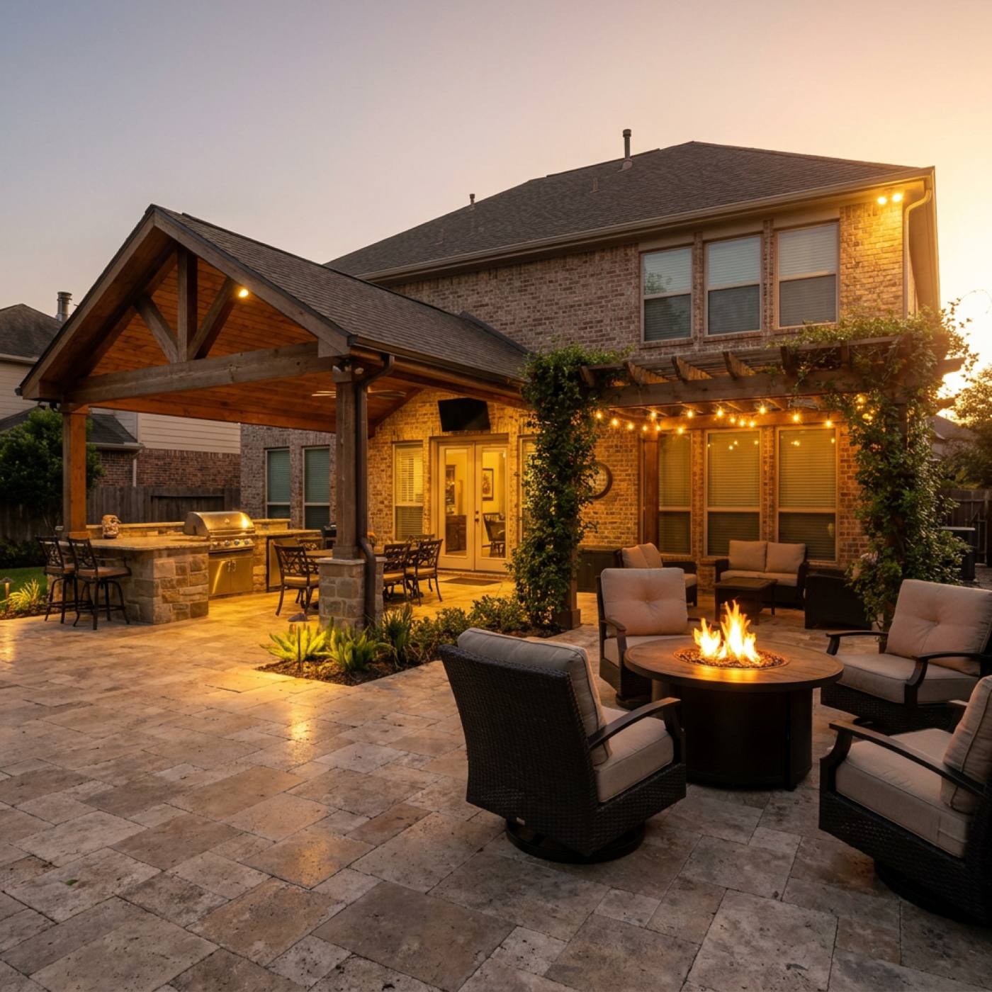 The Bellaire Project — A covered outdoor kitchen and pergola that turned a plain slab into the family's main hosting space.