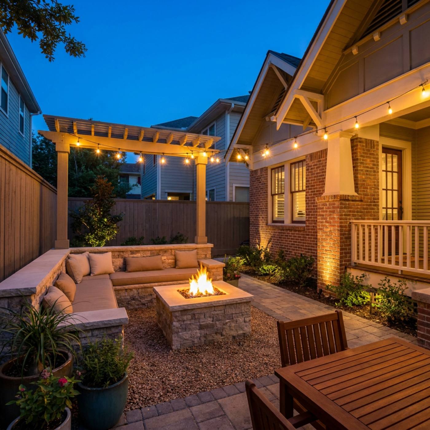 The Heights Courtyard — A small Heights bungalow lot turned into an intimate fire-lit courtyard.