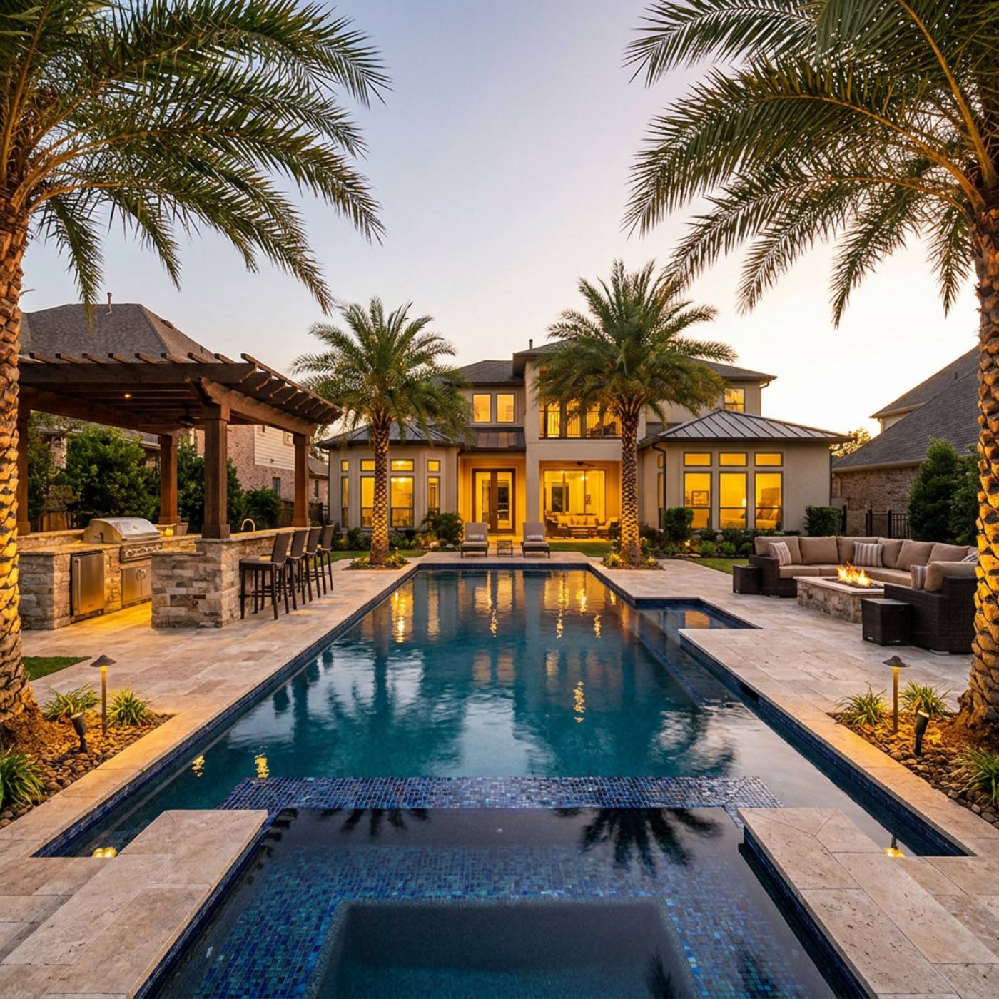 The Memorial Project — A full pool surround and kitchen build that made a large Memorial backyard finally feel like one space.